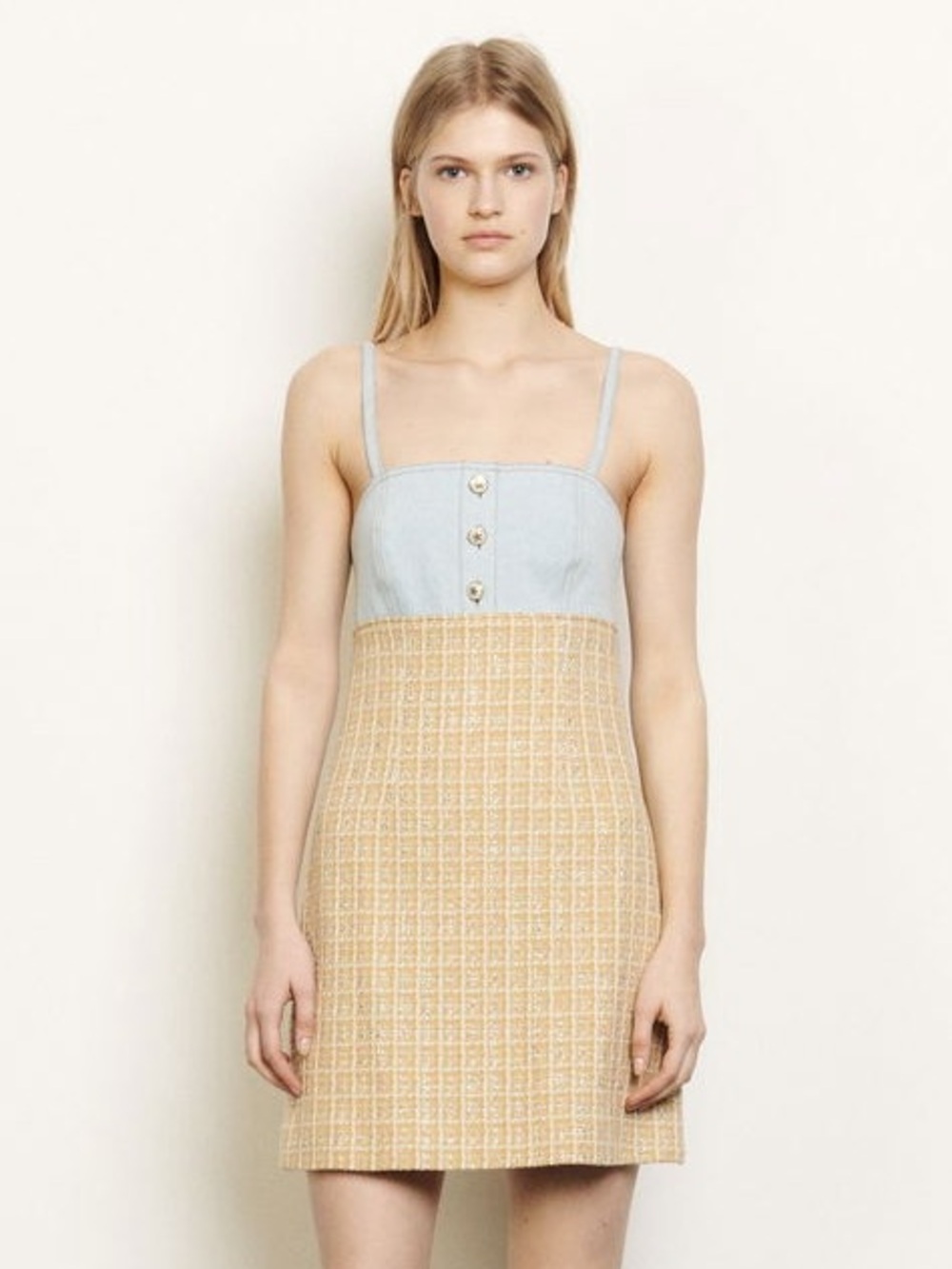 Sandro Paris Denim & Tweed Mini Dress Gold Yellow Size 36 / US 4